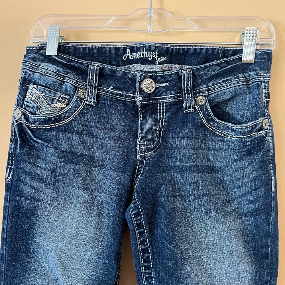 Amethyst Jeans capris Blue women’s size 5 Denim embellished pockets sequin 28x16 - Picture 7 of 13